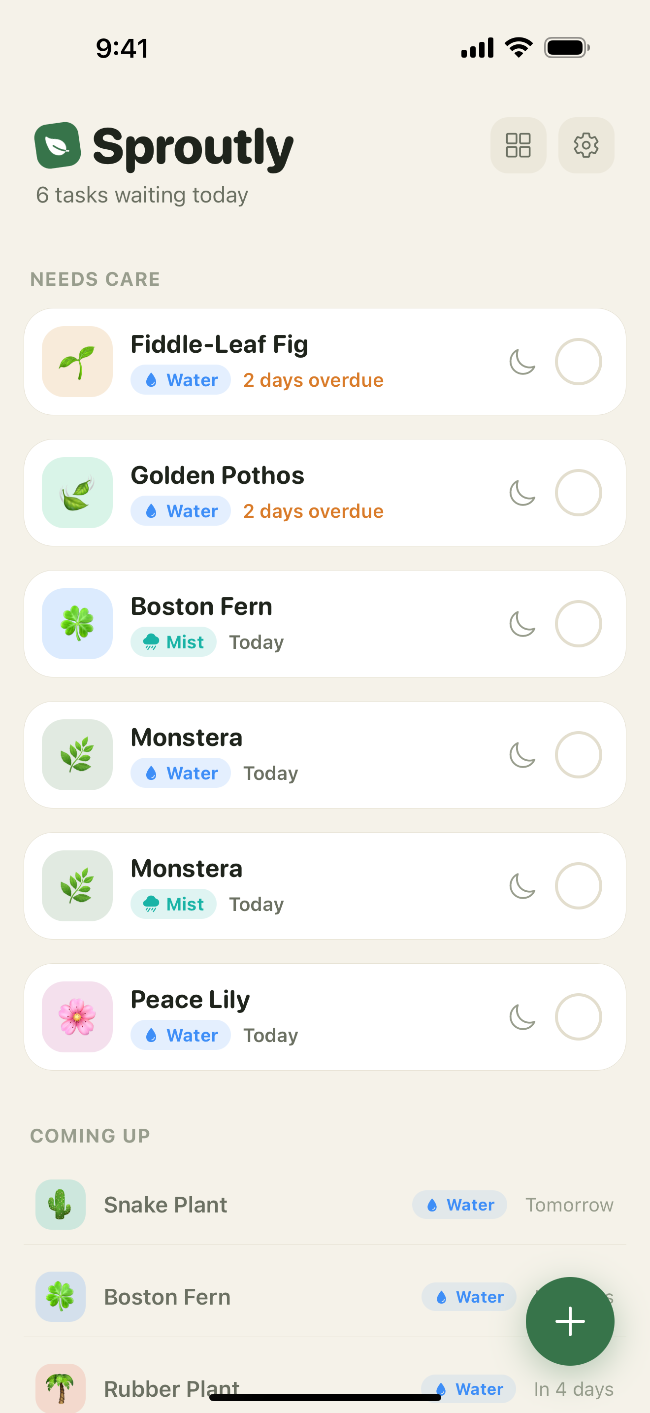 Sproutly Today screen listing plants due for watering with one-tap check-off