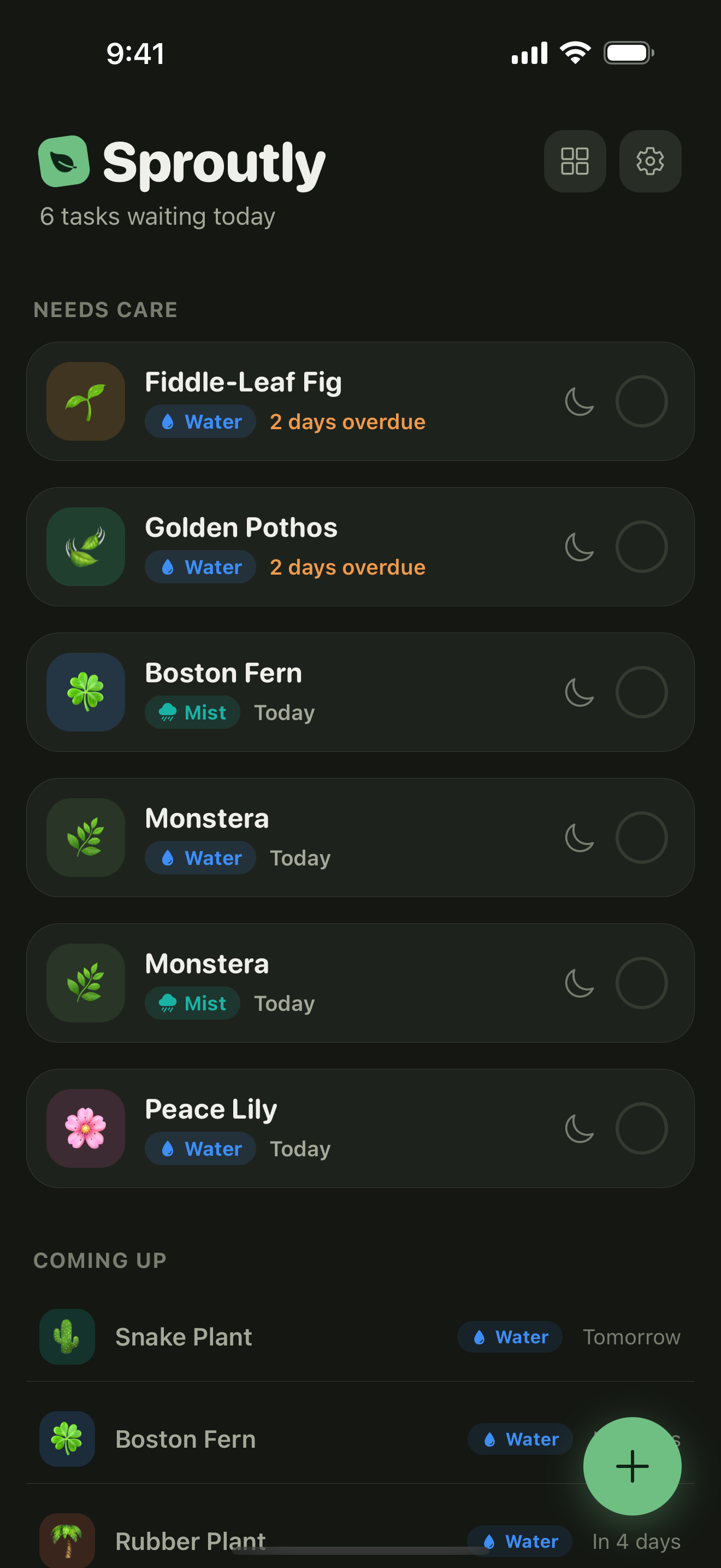 Sproutly in dark mode, fully functional with no network connection